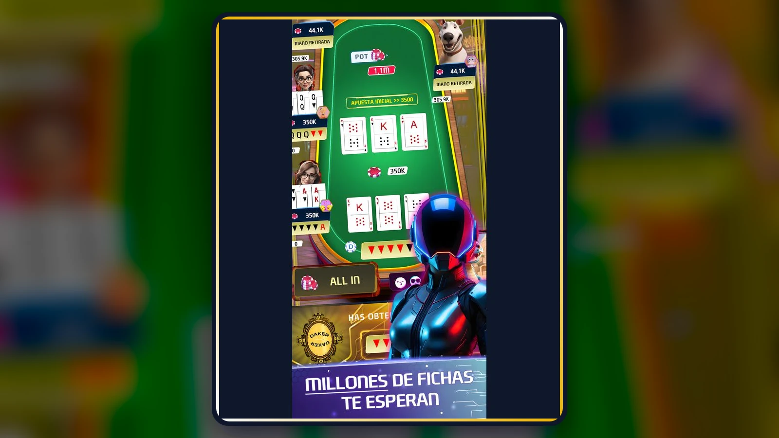 Captura oficial de una mano de Daker Poker que muestra cartas de doble valor y fichas ganadas