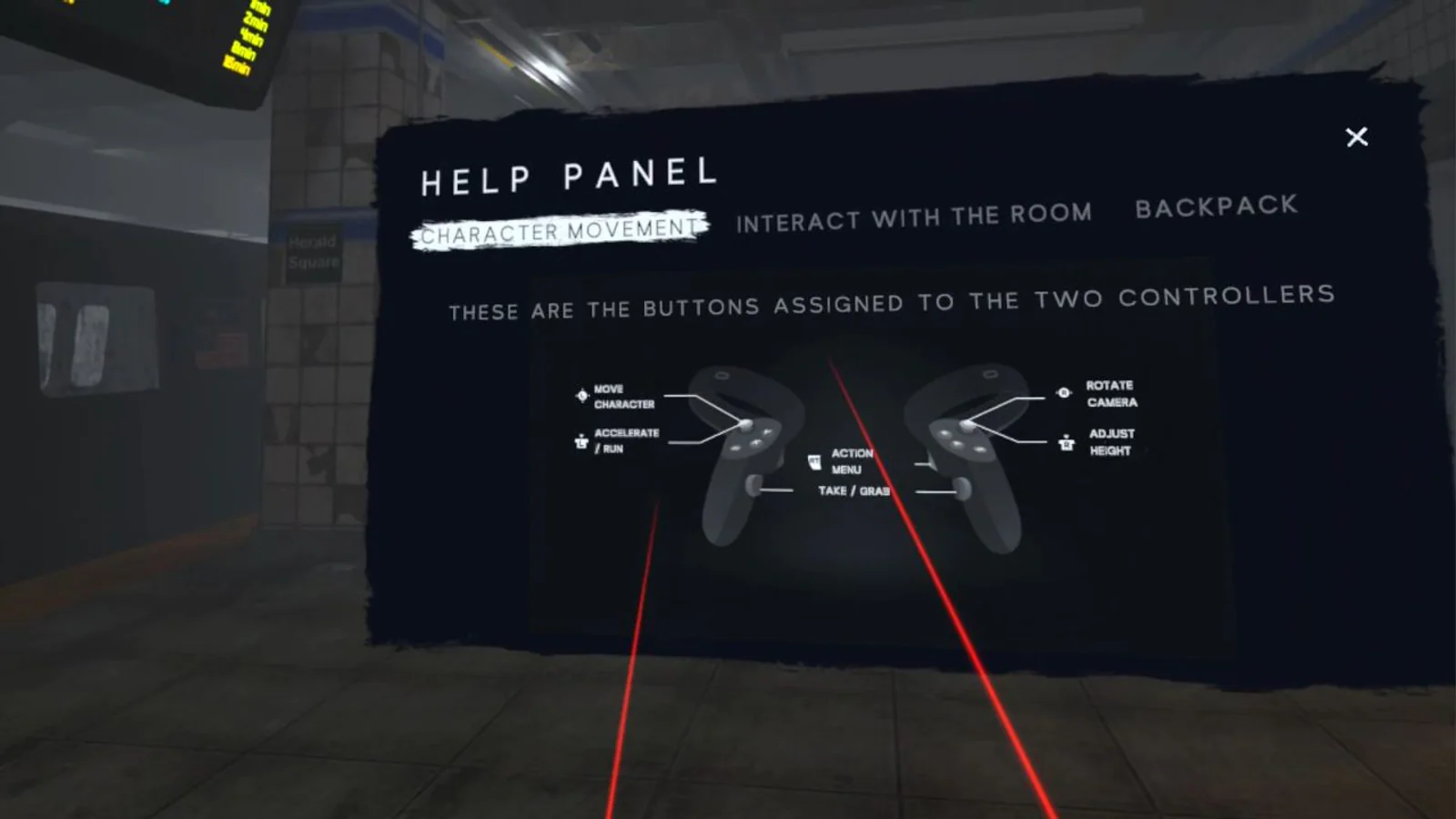 Panel auténtico de Escape the Urban Underground que explica los botones de los mandos VR