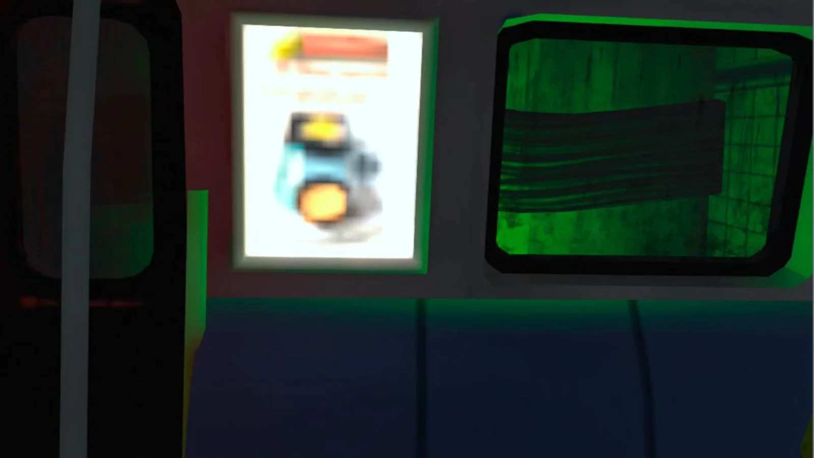 Detalle real de una pantalla y una rejilla iluminada dentro de un vagón del juego