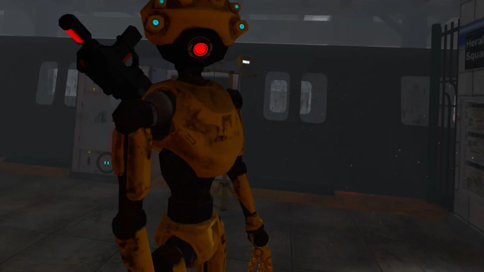 Robot amenazante acercándose al jugador en un andén del videojuego