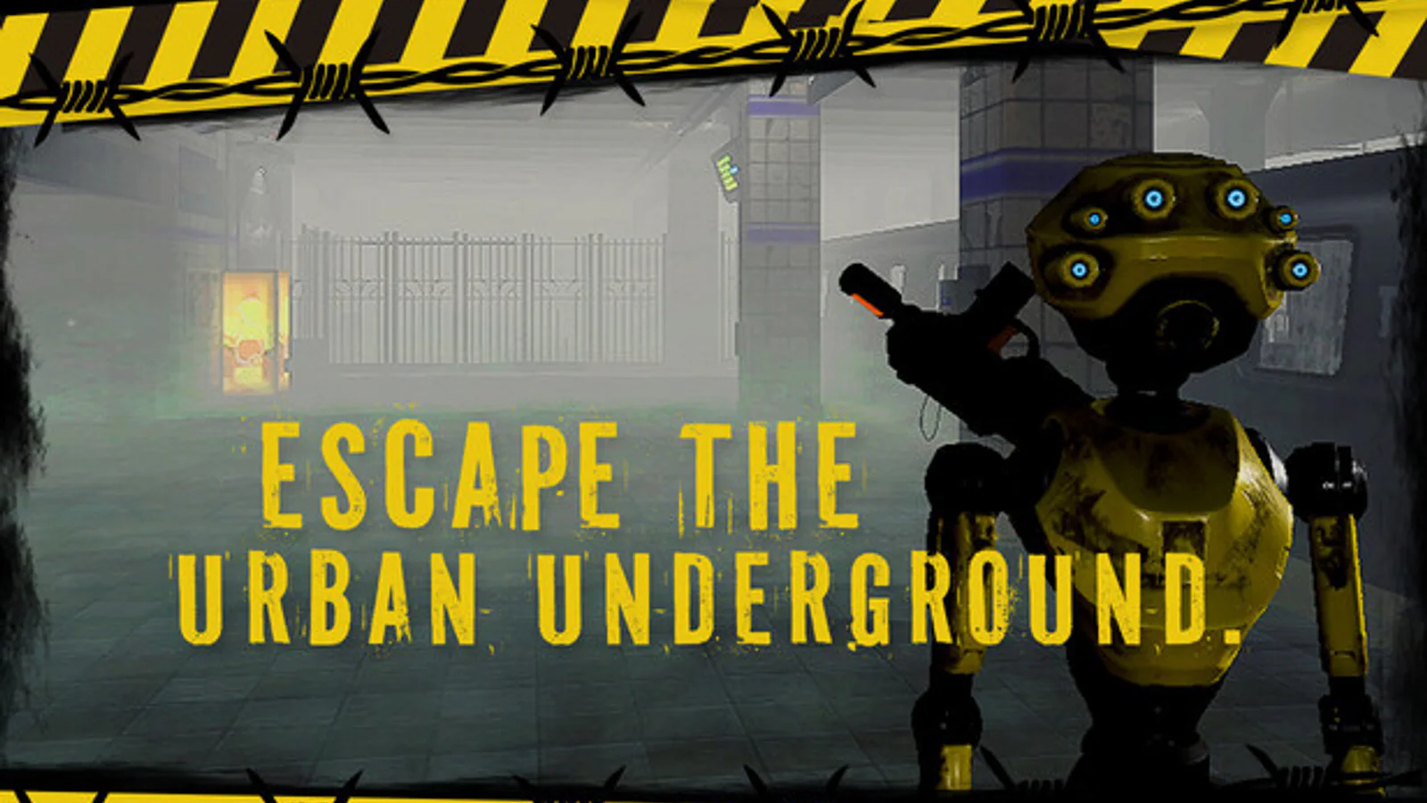 Arte promocional original de Escape the Urban Underground con un robot en una estación