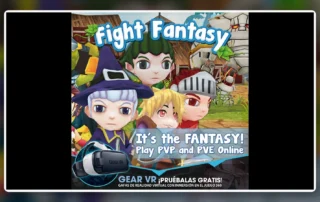 Cartel promocional original de Fight Fantasy con el reparto principal y referencias a PVP y PVE
