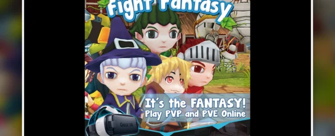 Cartel promocional original de Fight Fantasy con el reparto principal y referencias a PVP y PVE