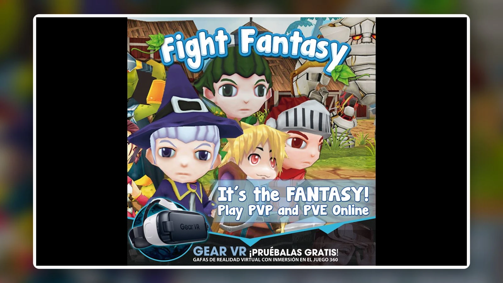 Cartel promocional original de Fight Fantasy con el reparto principal y referencias a PVP y PVE