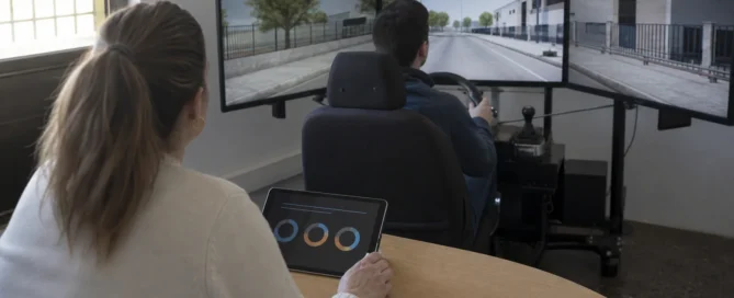 Instructora observando una práctica de conducción simulada con indicadores gráficos en una tableta