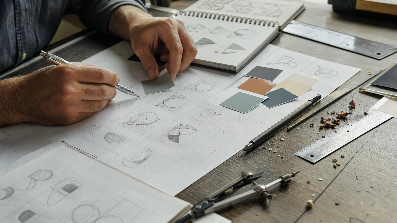Diseñador dibuja símbolos sobre una retícula y compara muestras de color en una mesa de trabajo