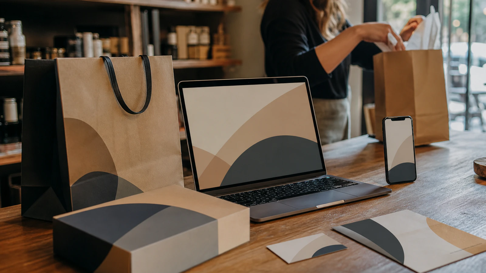 Portátil, teléfono, bolsa, caja y papelería comparten un mismo lenguaje visual en el mostrador de una tienda