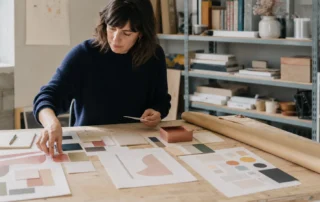 Directora de arte ordena muestras de color, papeles y aplicaciones para definir un sistema de identidad visual