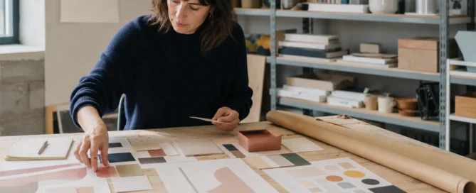 Directora de arte ordena muestras de color, papeles y aplicaciones para definir un sistema de identidad visual