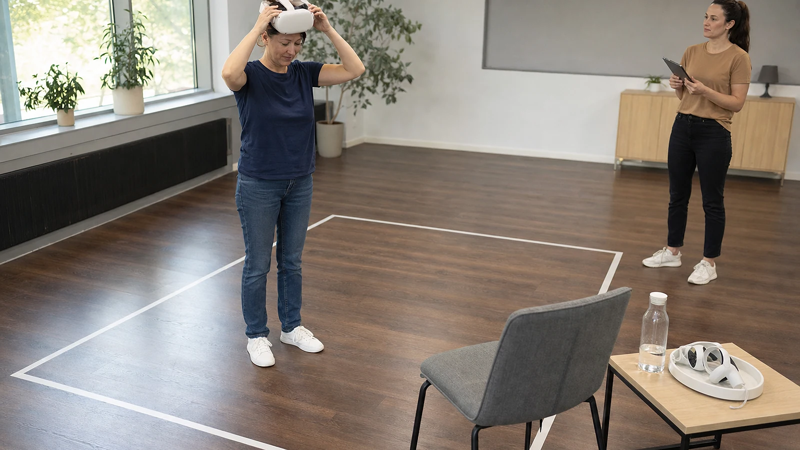 Participante retirándose el visor durante una pausa mientras una facilitadora espera en una sala despejada