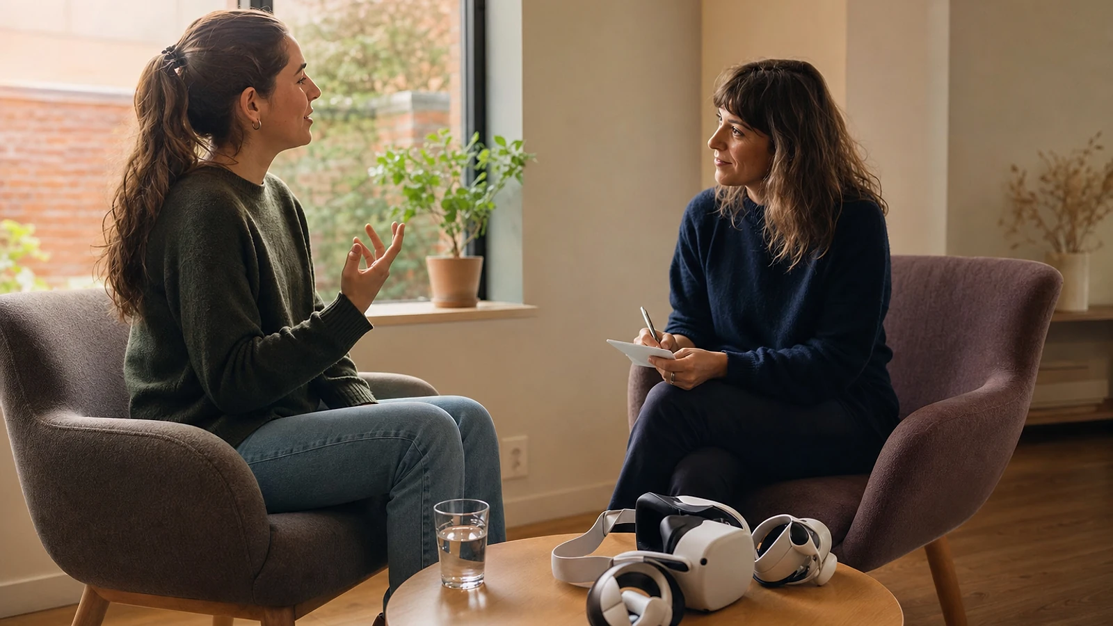Facilitadora y participante conversando después de una prueba VR con los visores sobre una mesa