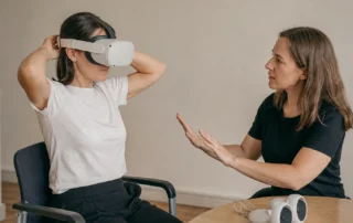 Facilitadora ayudando a una participante sentada a ajustar correctamente un visor de realidad virtual