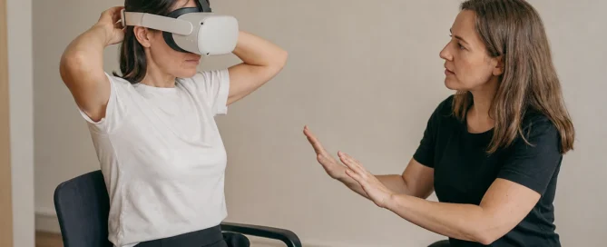 Facilitadora ayudando a una participante sentada a ajustar correctamente un visor de realidad virtual