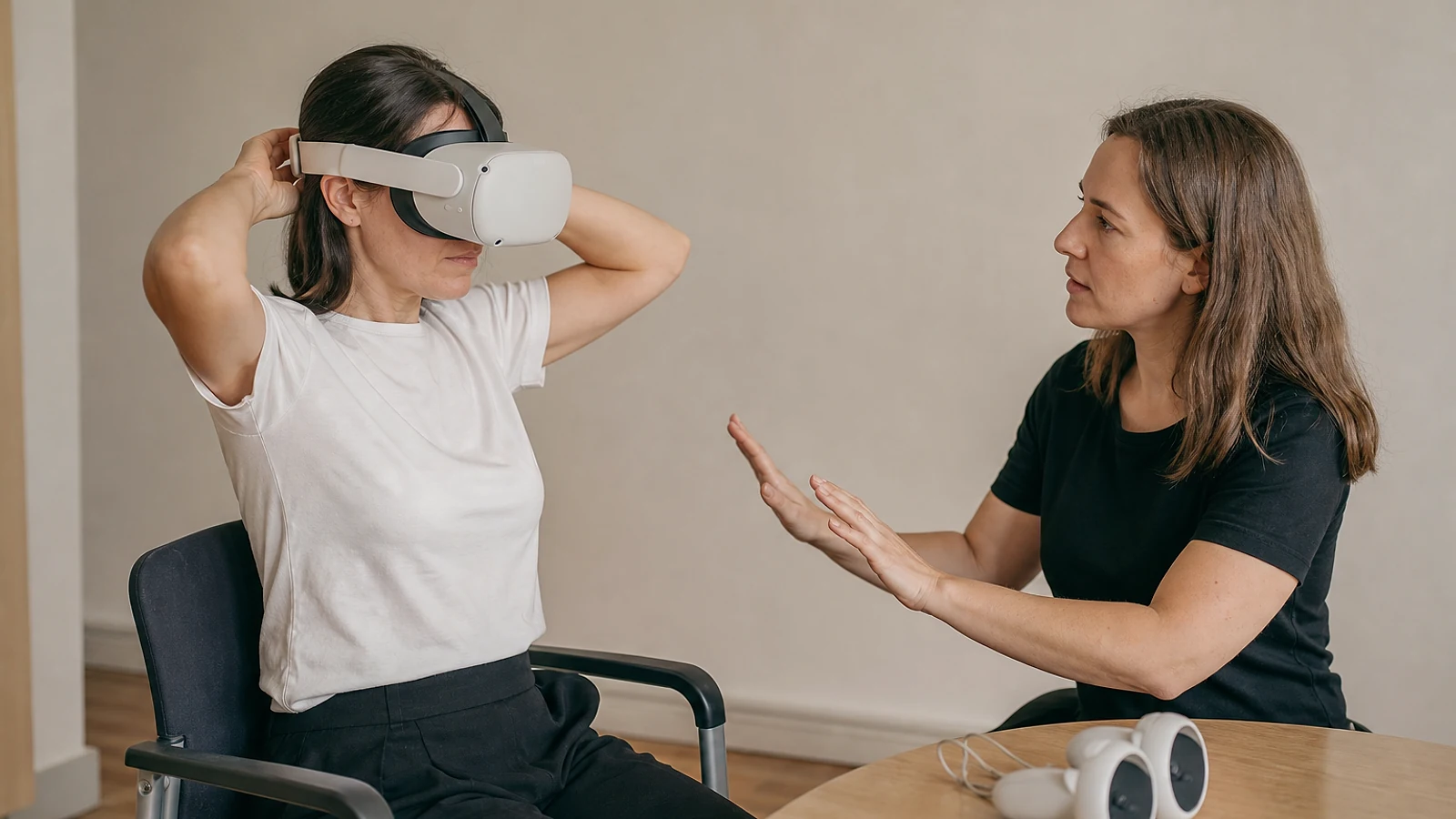 Facilitadora ayudando a una participante sentada a ajustar correctamente un visor de realidad virtual