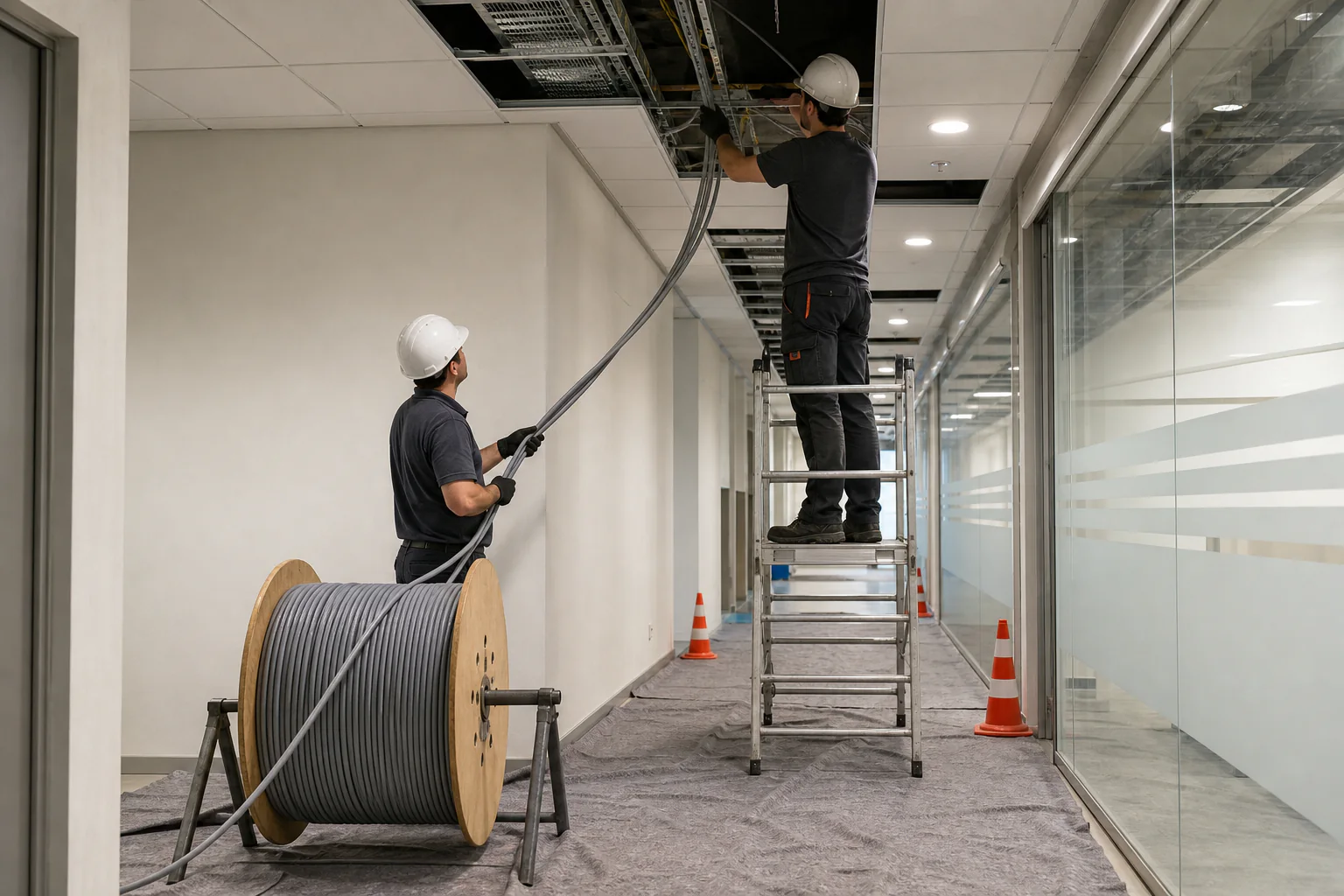Dos instaladores guiando cable de red por una bandeja sobre el falso techo de un pasillo