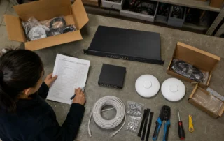 Técnica comprobando gateway, switch, puntos de acceso y herramientas antes de una instalación de red