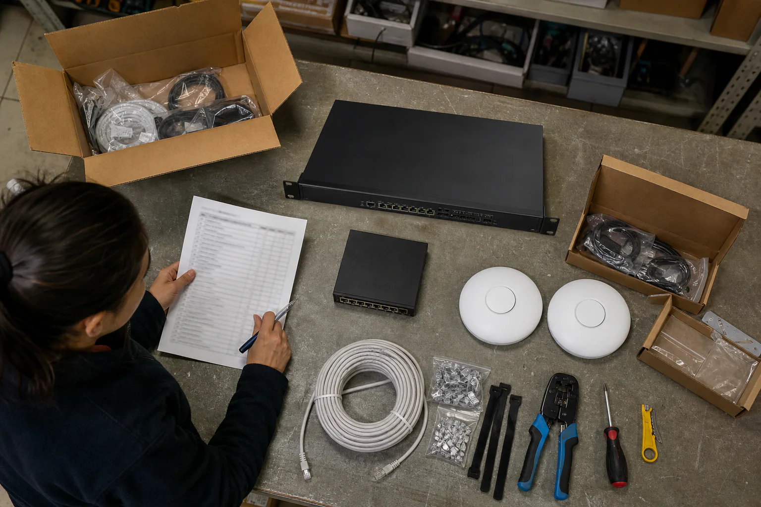 Técnica comprobando gateway, switch, puntos de acceso y herramientas antes de una instalación de red