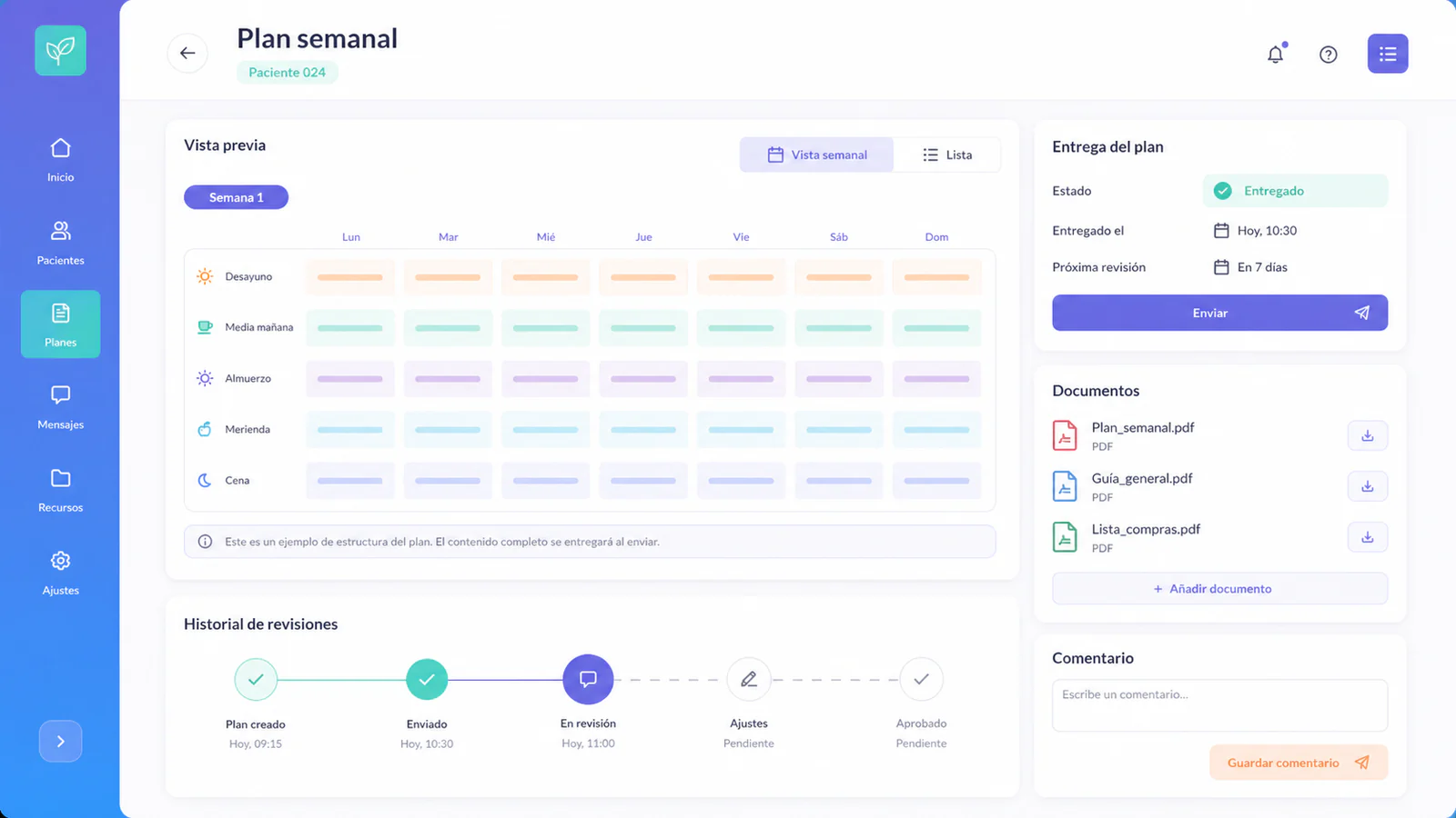Entrega de un plan semanal con documentos y revisiones