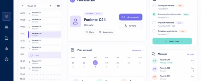 Vista diaria con agenda, próxima cita, tareas y mensajes