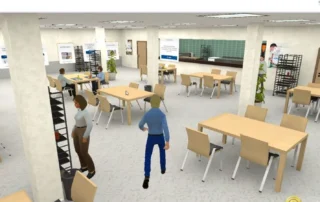 Avatar recorriendo un aula virtual con contenidos y personajes de apoyo