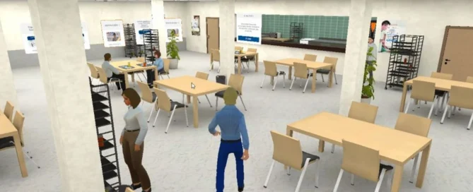 Avatar recorriendo un aula virtual con contenidos y personajes de apoyo