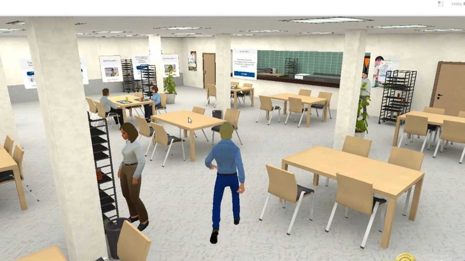 Avatar recorriendo un aula virtual con contenidos y personajes de apoyo