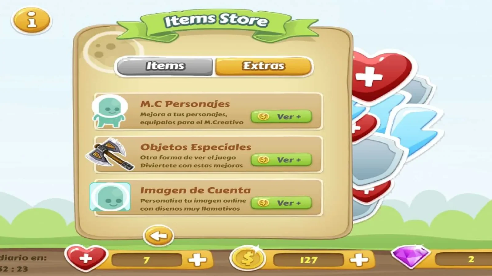 Interfaz de objetos y mejoras del videojuego Wondy World